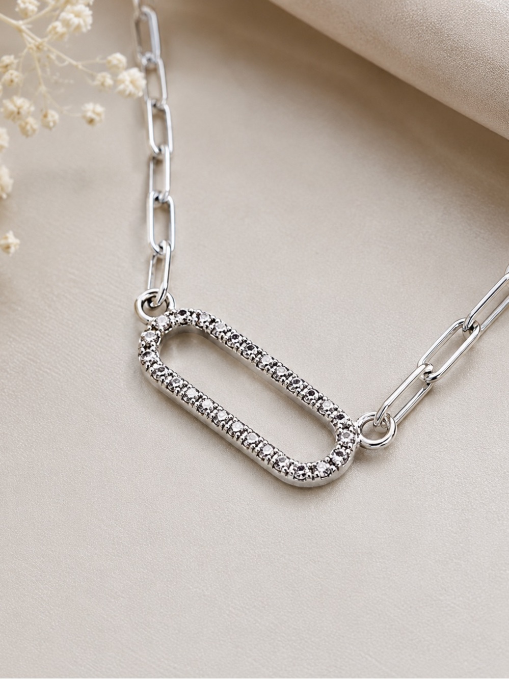 Sterling Silver Diamond  Paperclip Chain Necklace